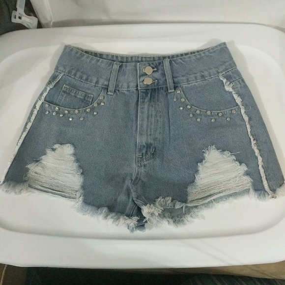 Shein Light Wash High Rise Distressed Denim Rhinestone Embellished Shorts -Large - Picture 1 of 5